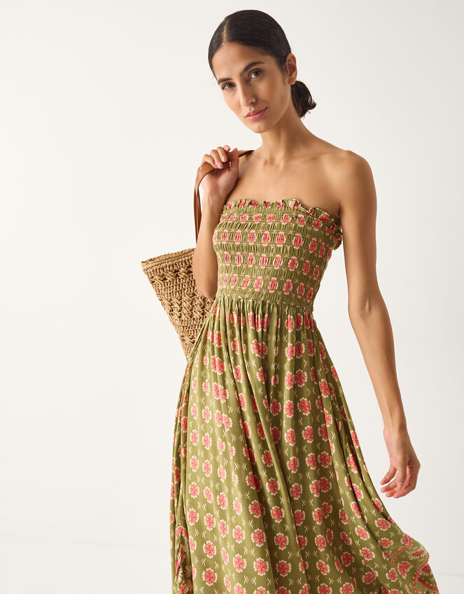 Maddie Floral Print Bandeau Midi Dress, Green (KHAKI), large