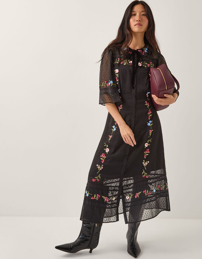 Alyssa Floral Embroidered Lace Midi Dress, Black (BLACK), large