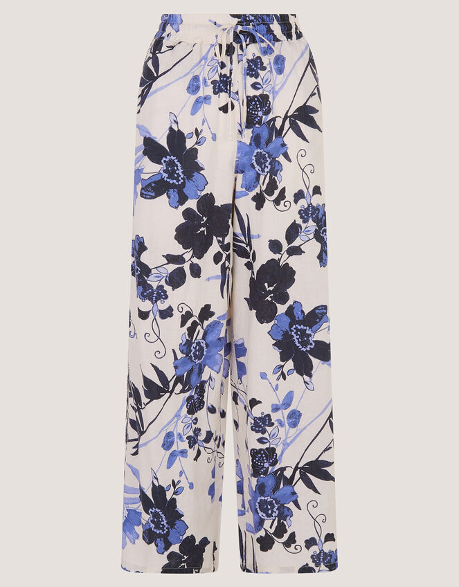 Nicolette Floral Linen Blend Wide Leg Trousers, Blue (BLUE), large