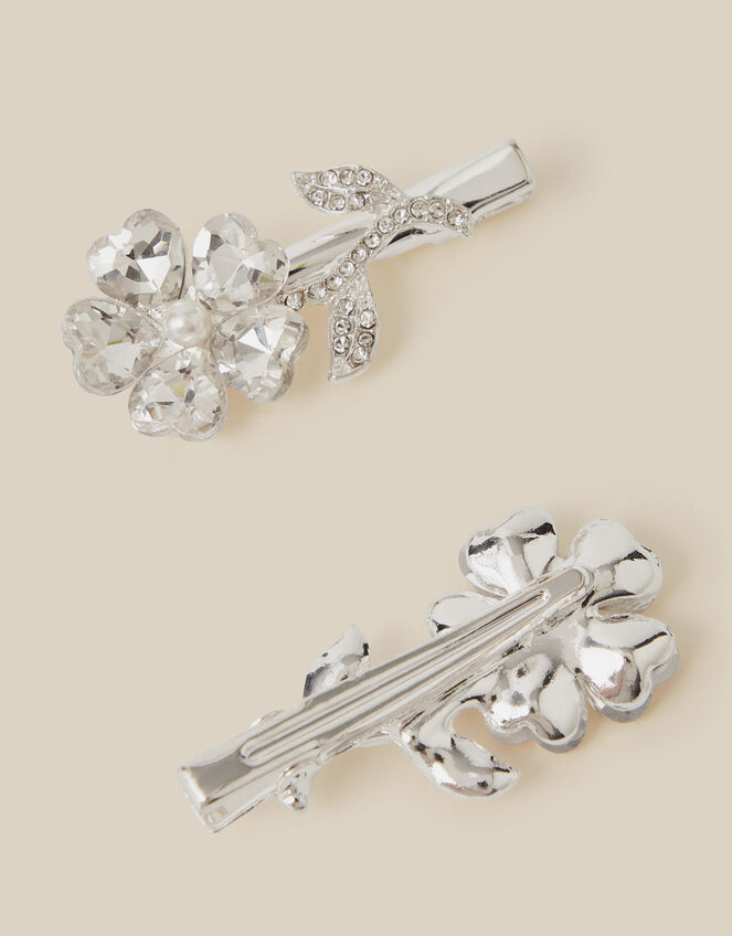 2-Pack Jewel Flower Metal Hair Clips, Silver (SILVER), large