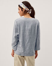 Alexis Stripe Linen-Blend Top, Blue (NAVY), large