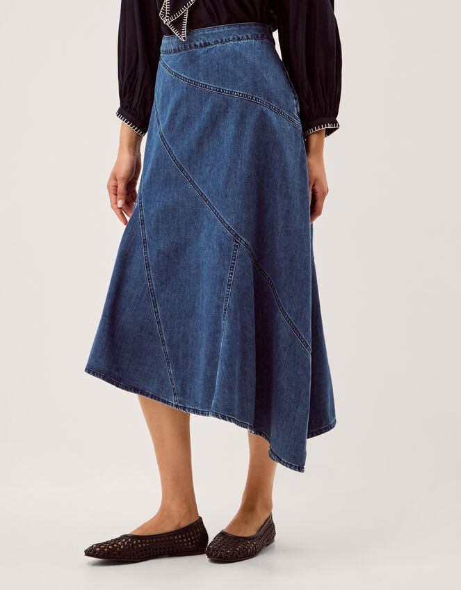 Annie Asymmetric Denim Midi Skirt, Blue (MID AUTHENTIC BLUE), large