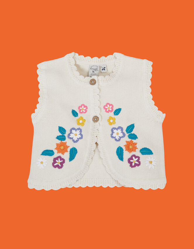Frugi Connie Floral Embroidered Knit Waistcoat, Multi (MULTI), large