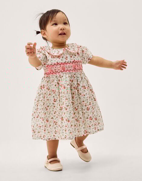 Baby Rose Smocked Dress & Knickers Set, Ivory (IVORY), large