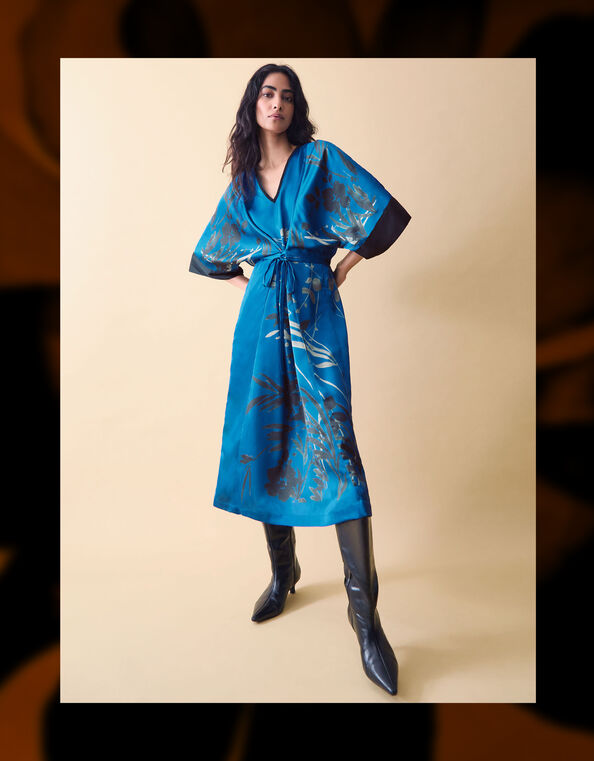 Clemence Lian Floral Print Kimono Dress, Blue (BLUE), large