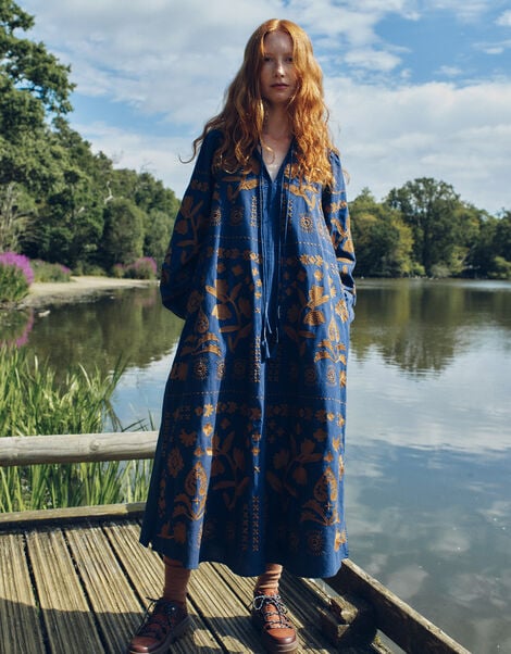 East Joseline Long Sleeve Embroidered Maxi Dress, Blue (NAVY), large
