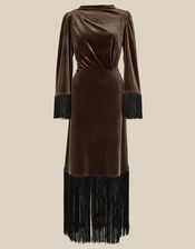 Tegan Long Sleeve Fringe Velvet Maxi Dress, Brown (CHOCOLATE), large
