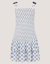 Floral Print Smocked Dress, White (WHITE), large