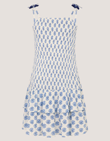 Floral Print Smocked Dress, White (WHITE), large