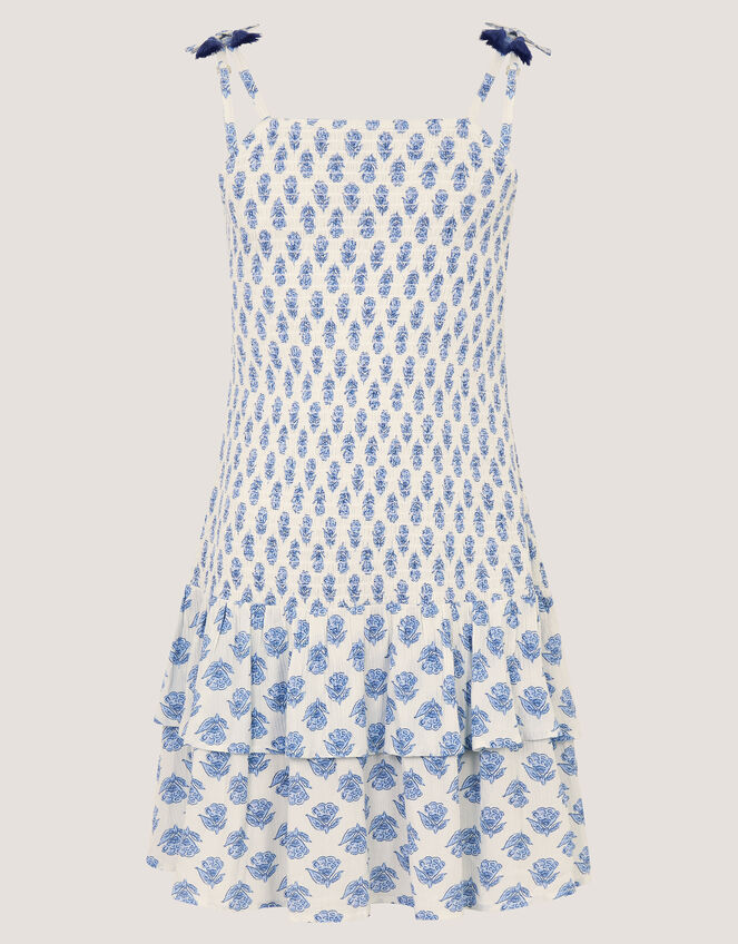 Floral Print Smocked Dress, White (WHITE), large