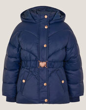 Belted Puffer Jacket, Blue (NAVY), large
