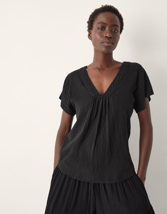 Amaya Crochet V-Neck T-Shirt, Black (BLACK), large