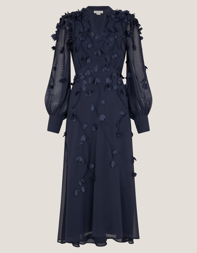 Gwen Appliqu&eacute; Long Sleeve Midi Dress, Blue (NAVY), large