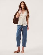 Frannie Square Collar Linen Blend Top, Ivory (IVORY), large