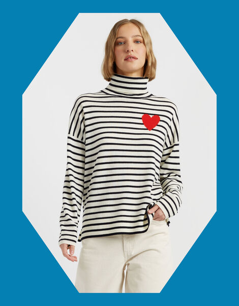 Chinti & Parker Heart Stripe Roll Neck Jumper, Cream (CREAM), large