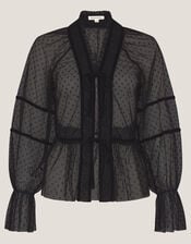 Lina Sheer Polka Dot Lace Blouse, Black (BLACK), large