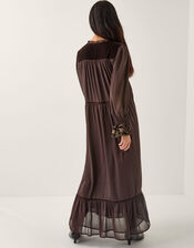 Nova Embroidered Yoke Chiffon Maxi Dress, Brown (CHOCOLATE), large