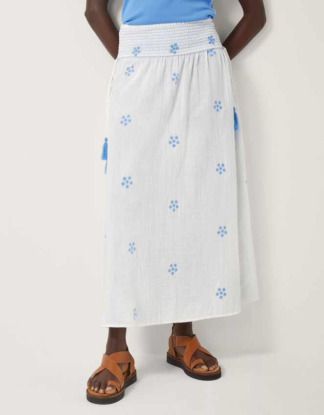 Daisy Embroidered Floral Midi Skirt, White (WHITE), large