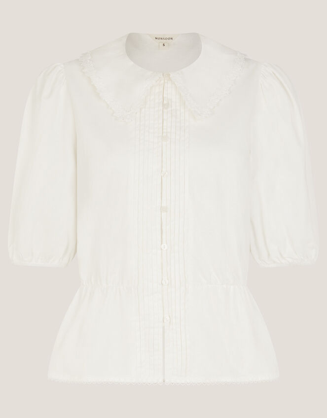Celia Puff Sleeve Collar Jersey Blouse, Ivory (IVORY), large