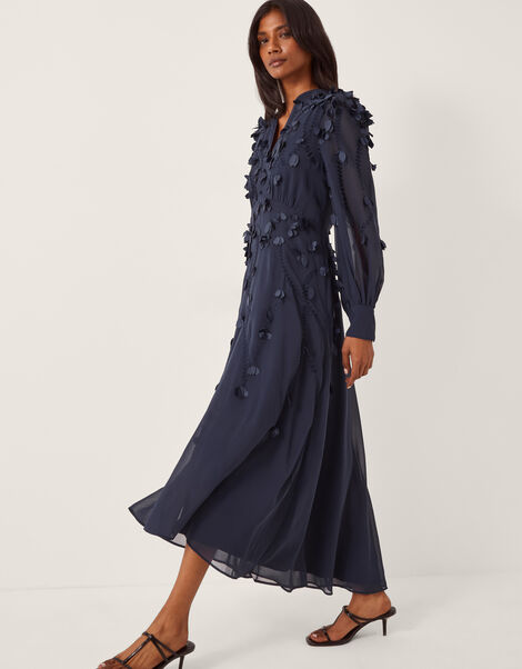 Gwen Appliqu&eacute; Long Sleeve Midi Dress, Blue (NAVY), large