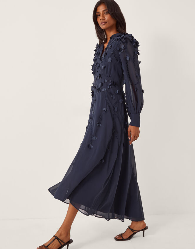 Gwen Appliqu&eacute; Long Sleeve Midi Dress, Blue (NAVY), large