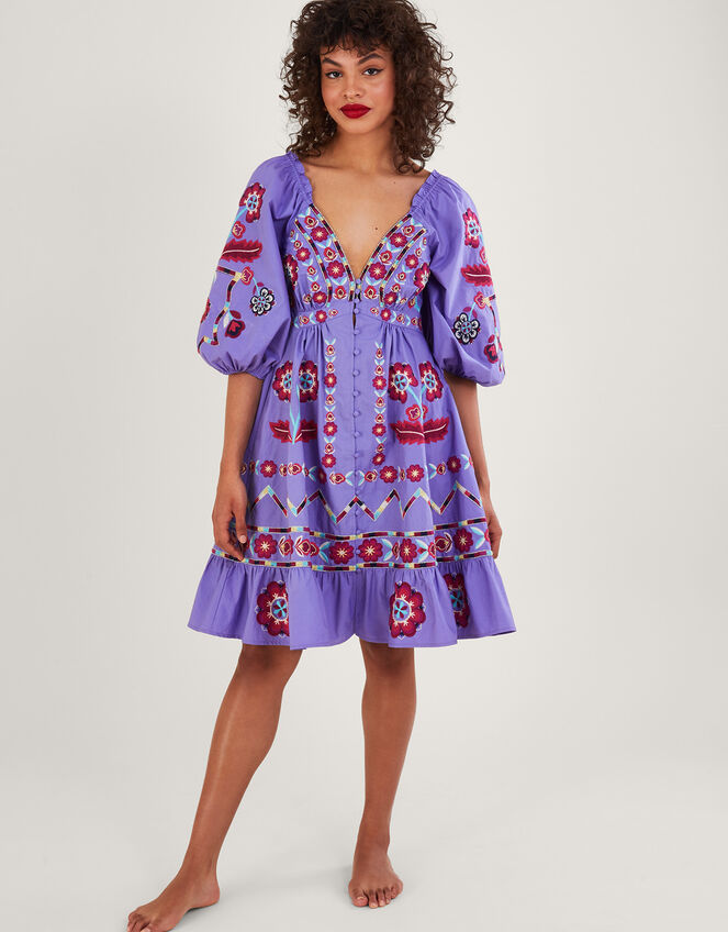 Serena Embroidered Knee-Length Dress , Purple (PURPLE), large