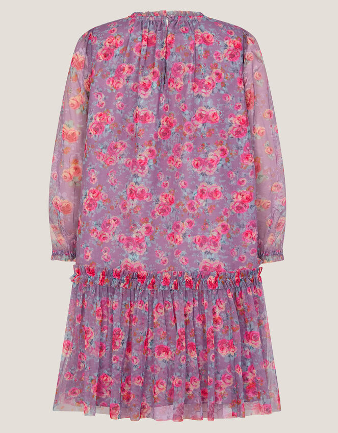 Floral Print Mesh Long Sleeve Dress, Purple (PURPLE), large