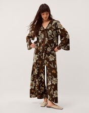 Esther Floral Linen Blend Wide Leg Trousers, Brown (CHOCOLATE), large