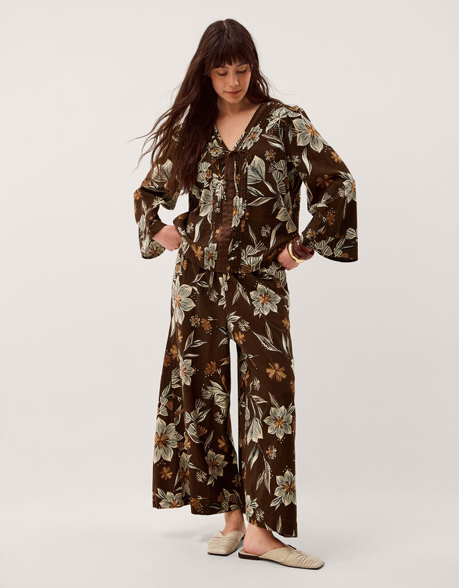 Esther Floral Linen Blend Wide Leg Trousers, Brown (CHOCOLATE), large