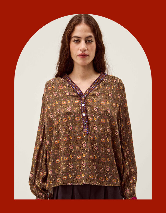 East Lyza Floral Print Top, Green (KHAKI), large