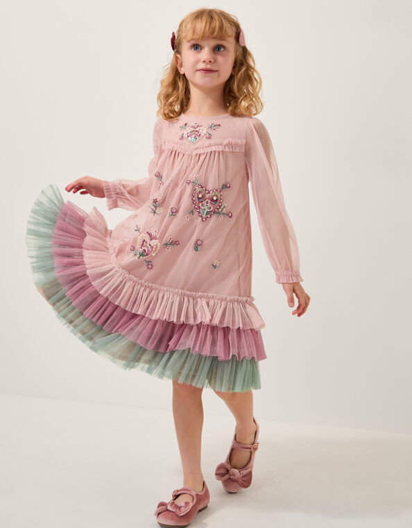 Embellished Heart Long Sleeve Dress, Pink (PINK), large
