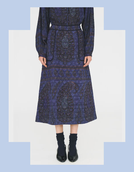 Antik Batik Tamari Paisley Jacquard Midi Skirt, Blue (NAVY), large