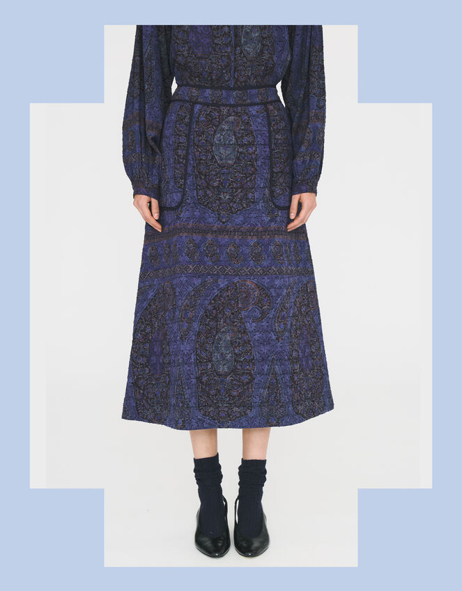Antik Batik Tamari Paisley Jacquard Midi Skirt, Blue (NAVY), large