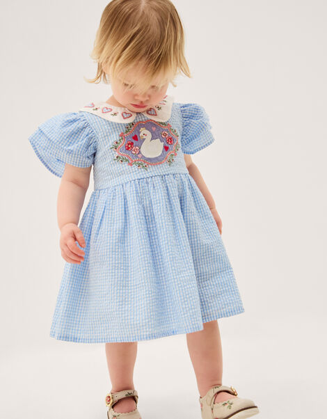 Baby Swan Embroidered Dress & Knickers Set, Blue (BLUE), large