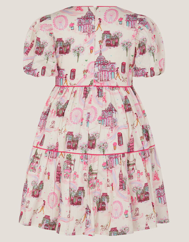 London Print Puff Sleeve Dress, Ivory (IVORY), large
