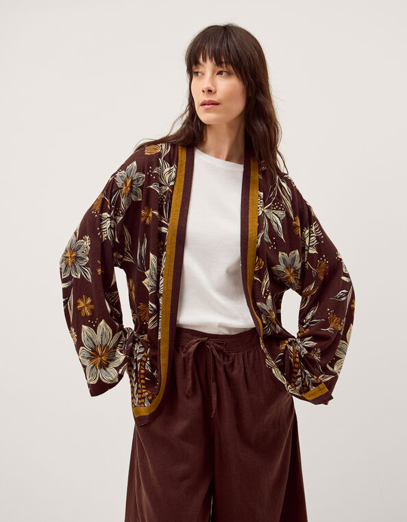 Esther Floral Linen Blend Jacket, Brown (CHOCOLATE), large