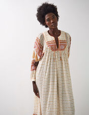 East Tilly Hand-Block Print Midi Smock Dress, Yellow (MUSTARD), large