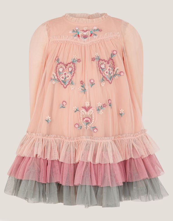 Baby Floral Embroidered Tulle Tiered Dress, Pink (PINK), large