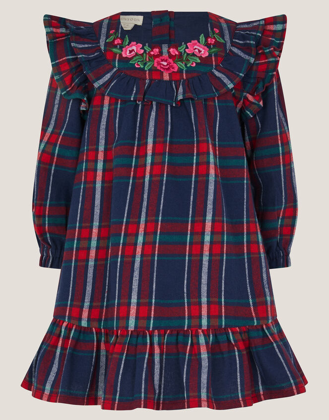 Baby Embroidered Frill Tartan Dress, Blue (NAVY), large