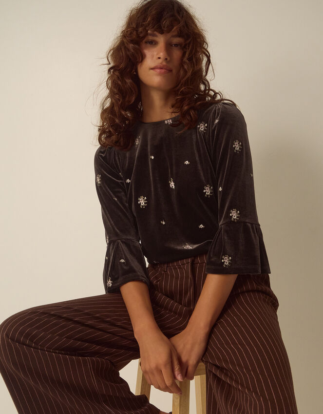 Emilee Flute Sleeve Embroidered Velvet Top, Brown (CHOCOLATE), large