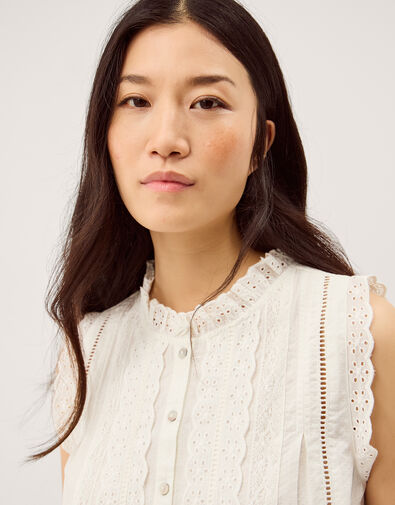 Trish Sleeveless Broderie Frill Top, Ivory (IVORY), large
