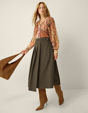 Jillian Kilt Midi Skirt, Green (KHAKI), large