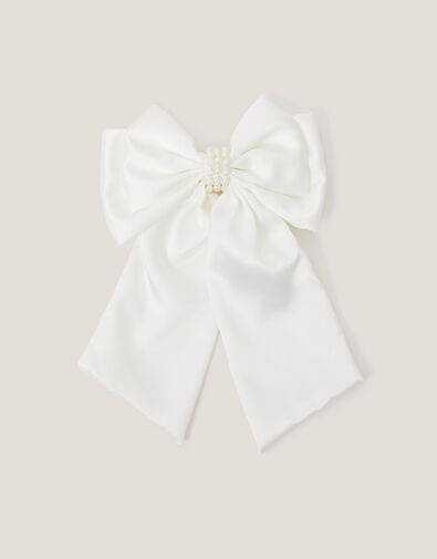 Long Pearl Satin Bow Hair Clip, Ivory (IVORY), large