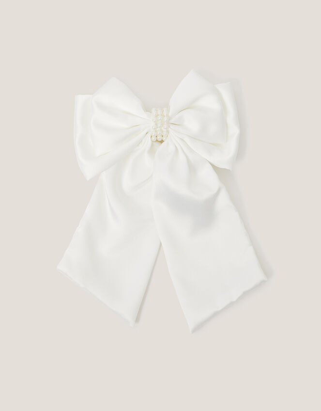 Long Pearl Satin Bow Hair Clip, Ivory (IVORY), large