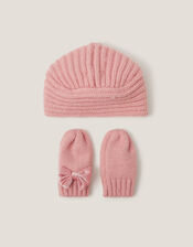 Baby Bow Knitted Hat & Mittens Set, Pink (PINK), large
