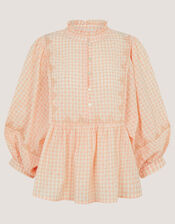Jemima Embroidered Gingham Blouse, Orange (PEACH), large
