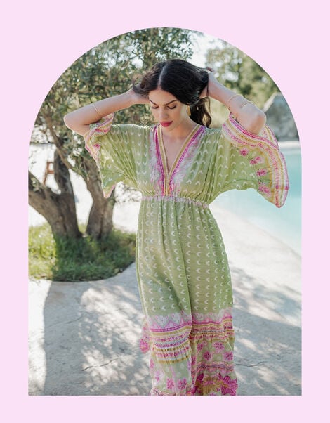 Piti Cuiti Floral Print Maxi Kaftan Dress, Green (GREEN), large