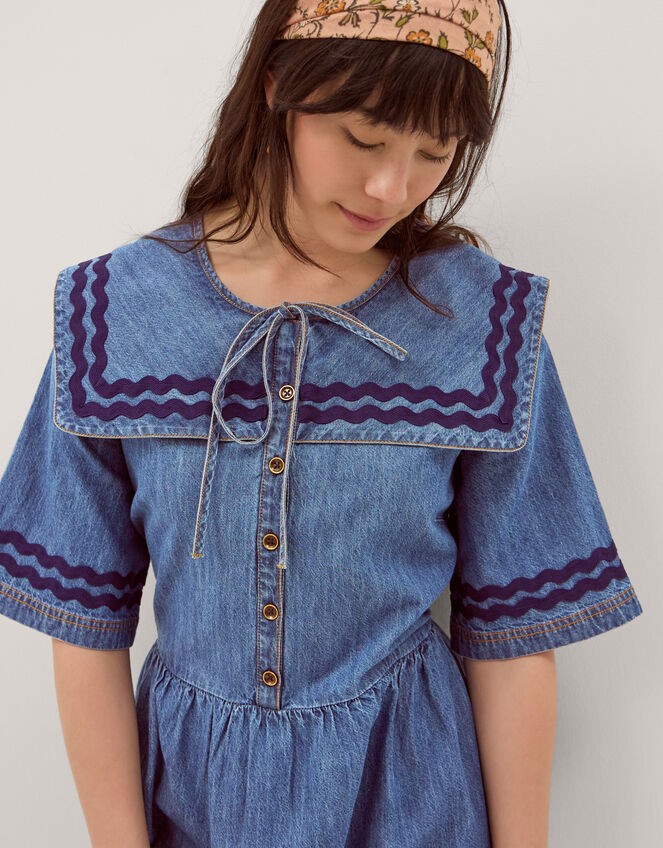 Shelby Square Collar Denim Midi Dress, Blue (MID AUTHENTIC BLUE), large