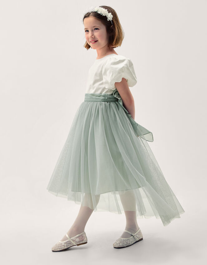 Puff Sleeve Satin Tulle Dress, Green (SAGE), large