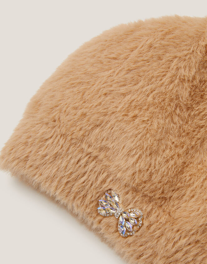 Jewel Bow Fuzzy Beanie Hat, Camel (CAMEL), large